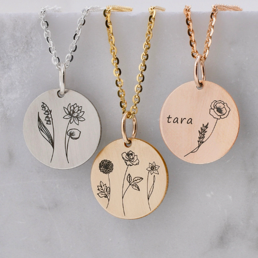 Combined Birth Month Flower Necklace - Custom Engraving