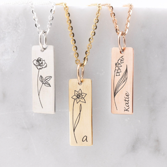 Birth Flower Necklace - Custom Engraving