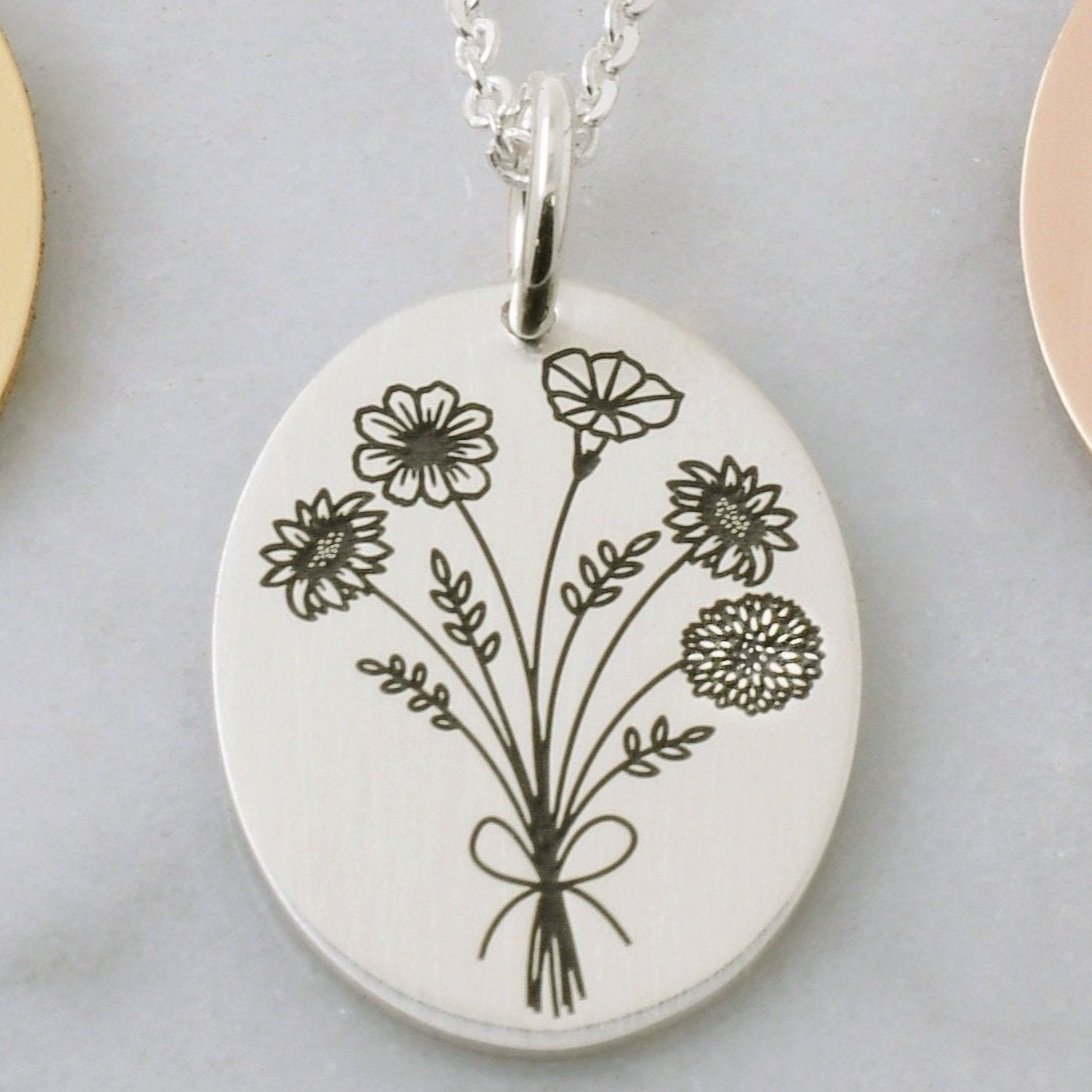 Birth Month Flower Bouquet Necklace - Custom Engraving