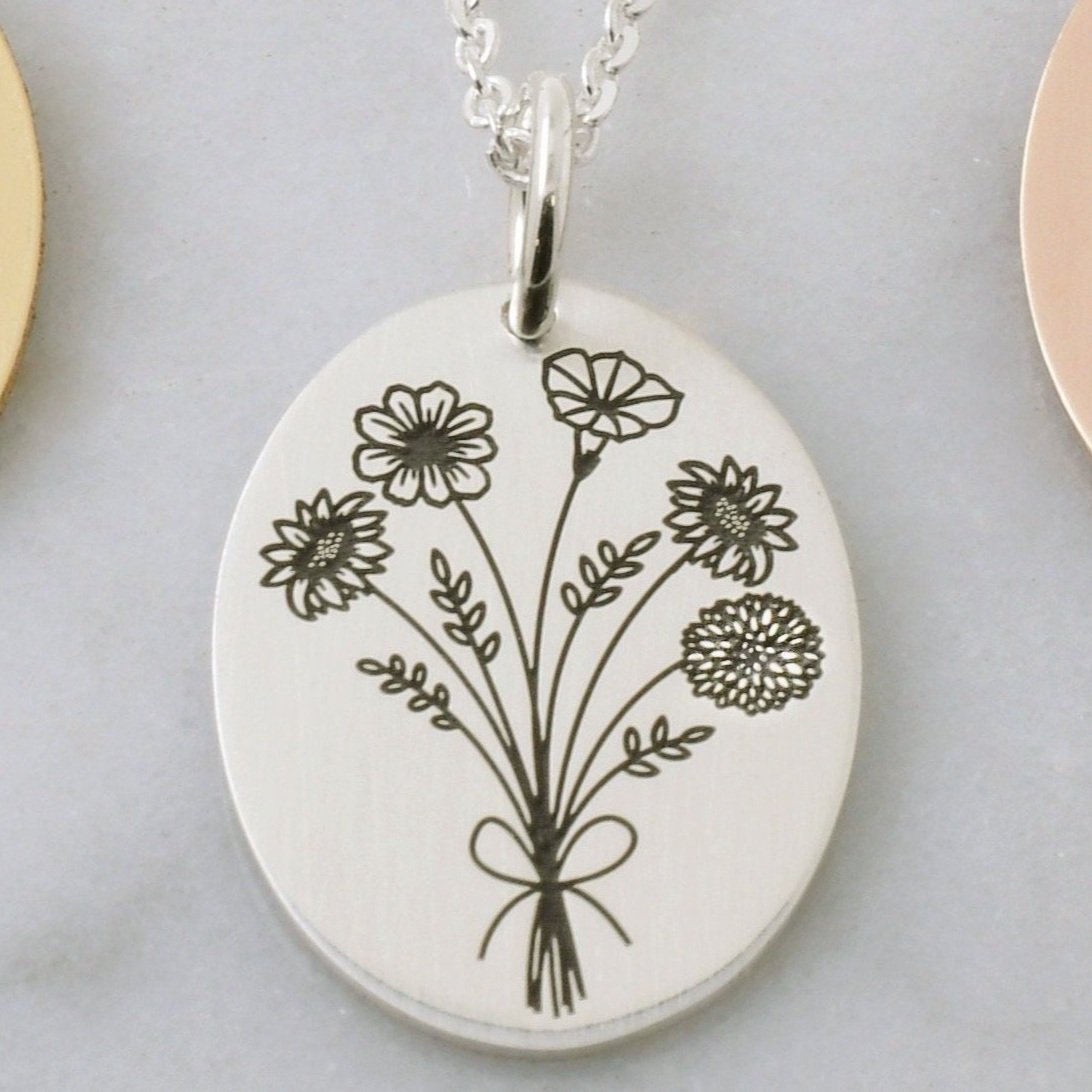 Birth Month Flower Bouquet Necklace - Custom Engraving