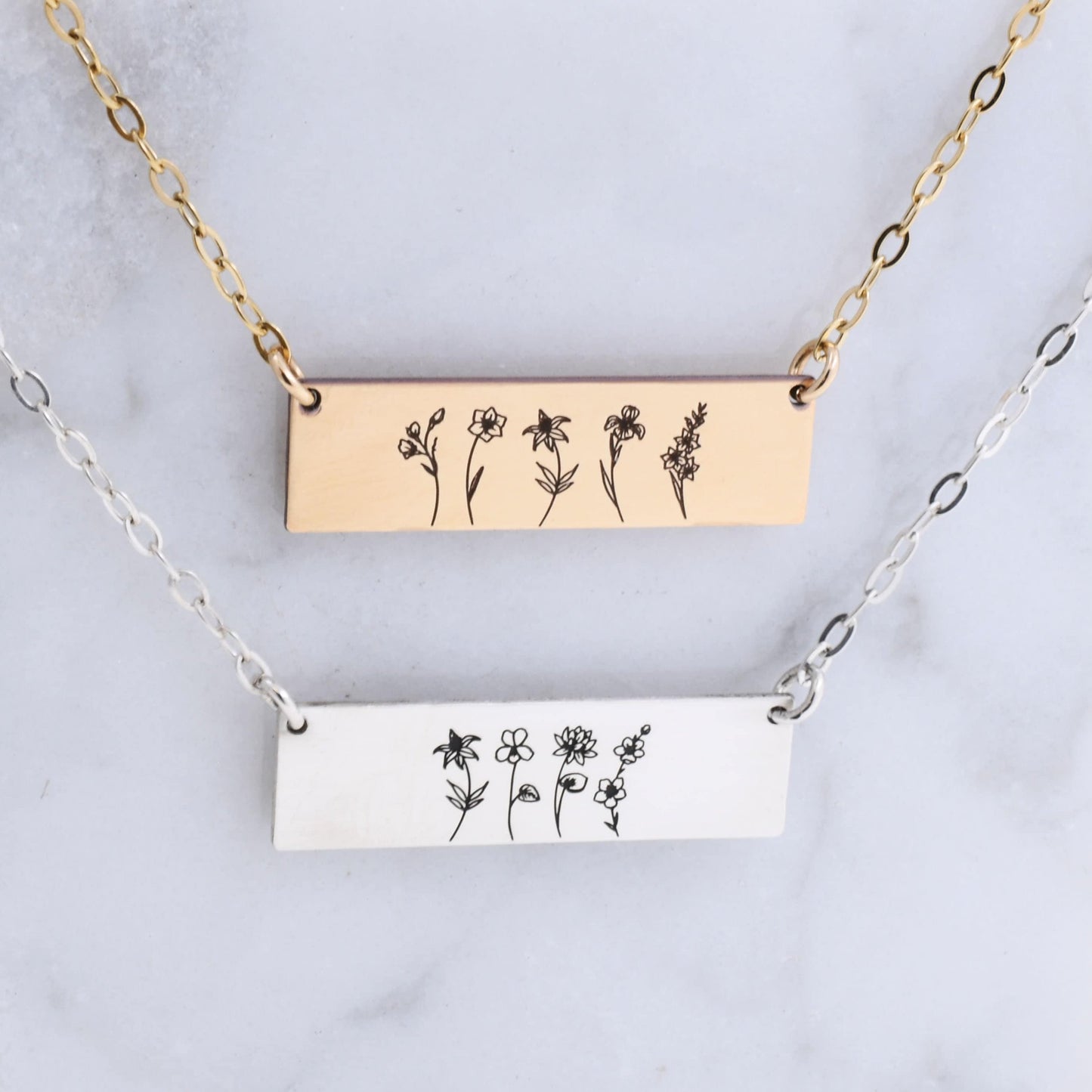 Combined Birth Flower Family Necklace - Custom Engraving