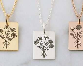 Birth Month Flower Bouquet Necklace - Custom Engraving