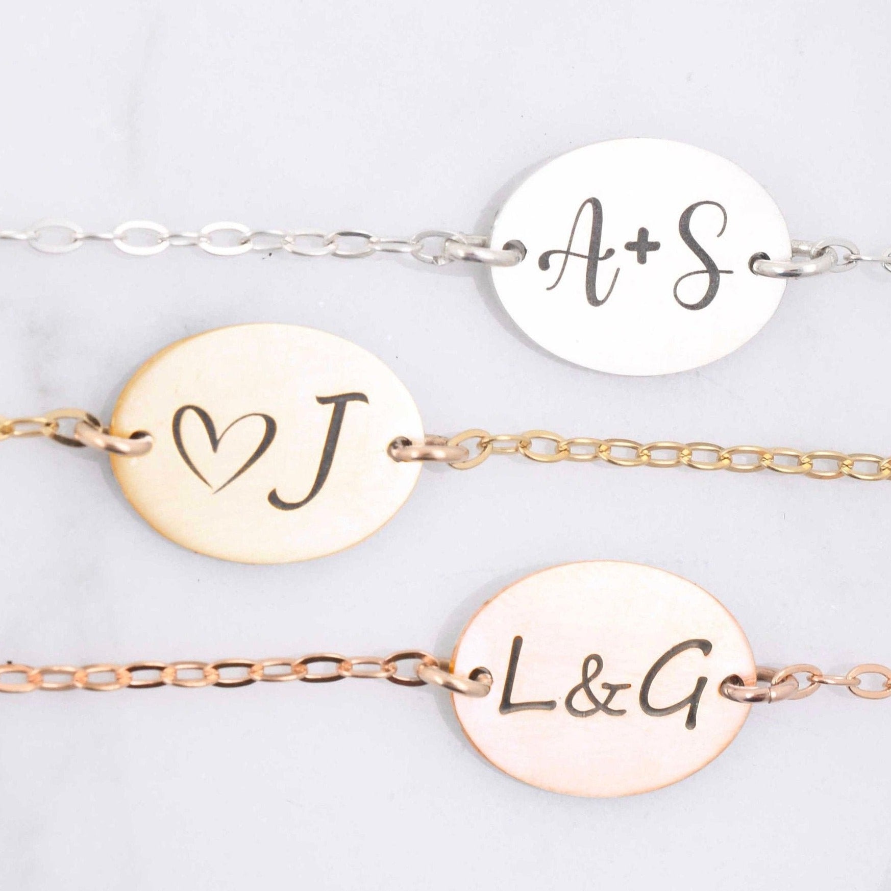 Monogram Bracelet or Anklet with Personalized Initials & Triple Chain -  Solid Gold, Sterling Silver, Yellow Gold or Rose Gold