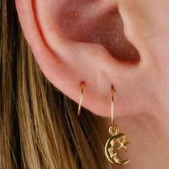 Tiny Hoop Earrings with Moon - Hoops Set of Two