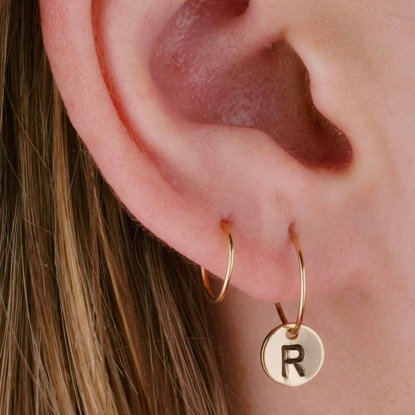 Tiny Hoop Earrings with Personalized Initial Disc - Hoops Set of Two