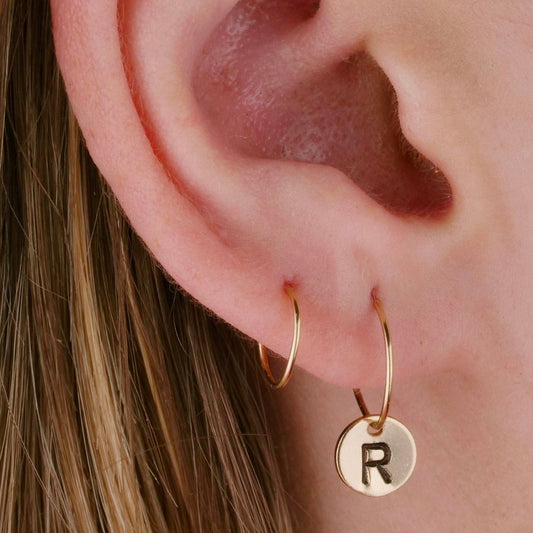 Tiny Hoop with Personalized Initial Disc Earrings Set
